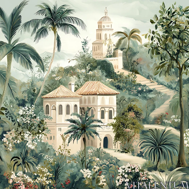 Tropical Architectural Scene with Elegant Buildings AI Image