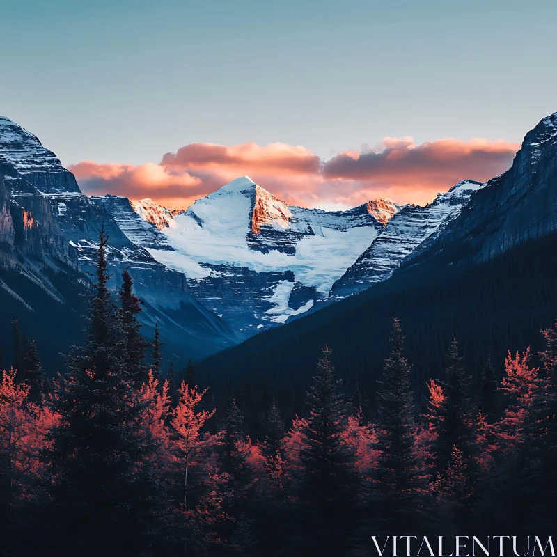 Snowy Peaks and Forest View AI Image