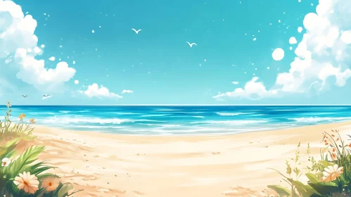 Peaceful Beach Scenery with Floral Accents