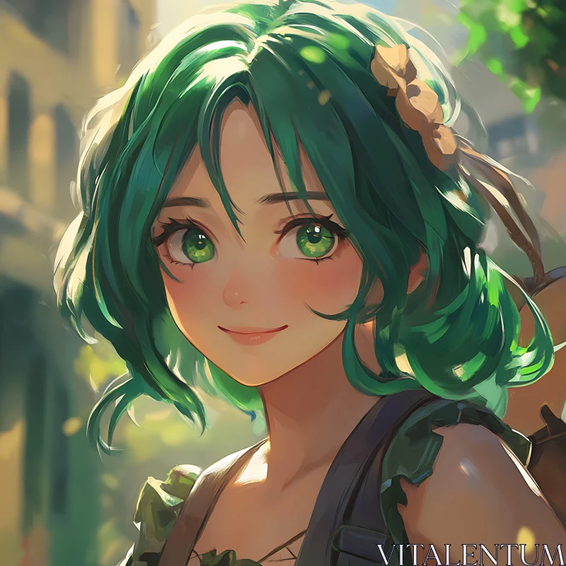 Charming Anime Girl with Green Hair and Backpack AI Image