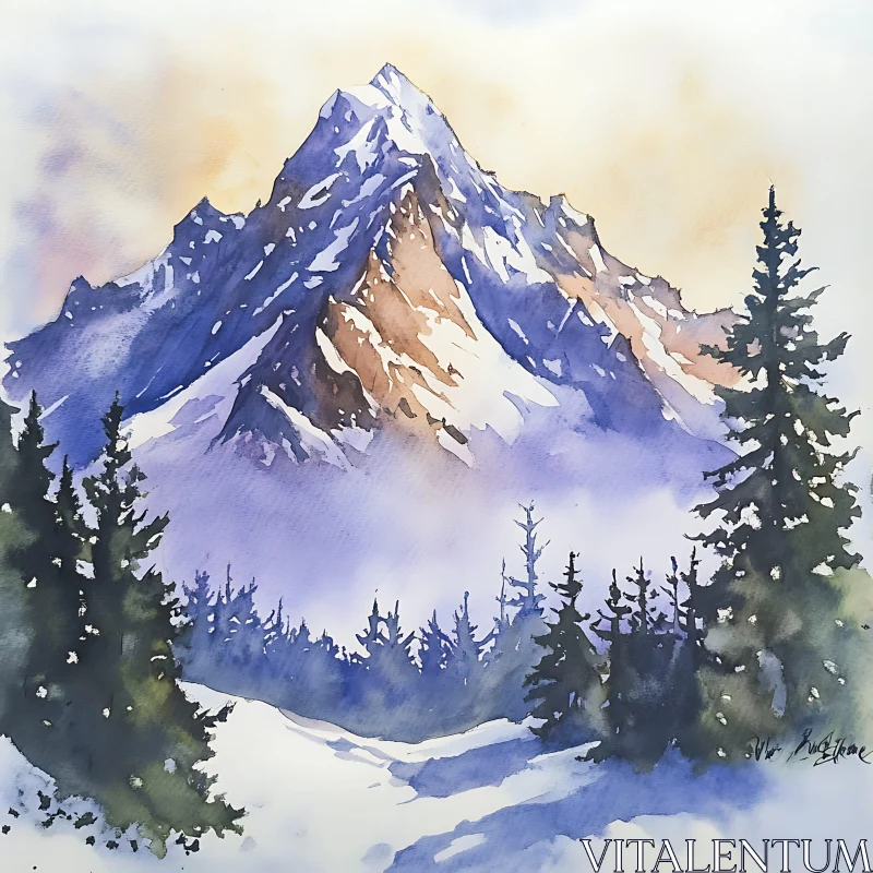 Snowy Mountain Peak Watercolor Art AI Image