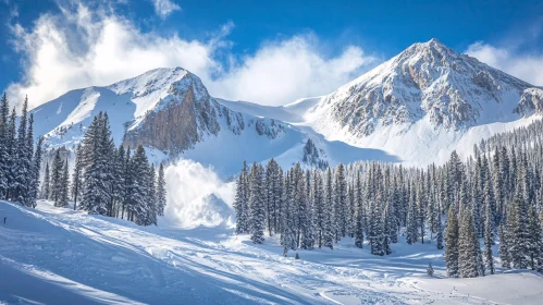 Winter Mountain Scene with Evergreen Forest