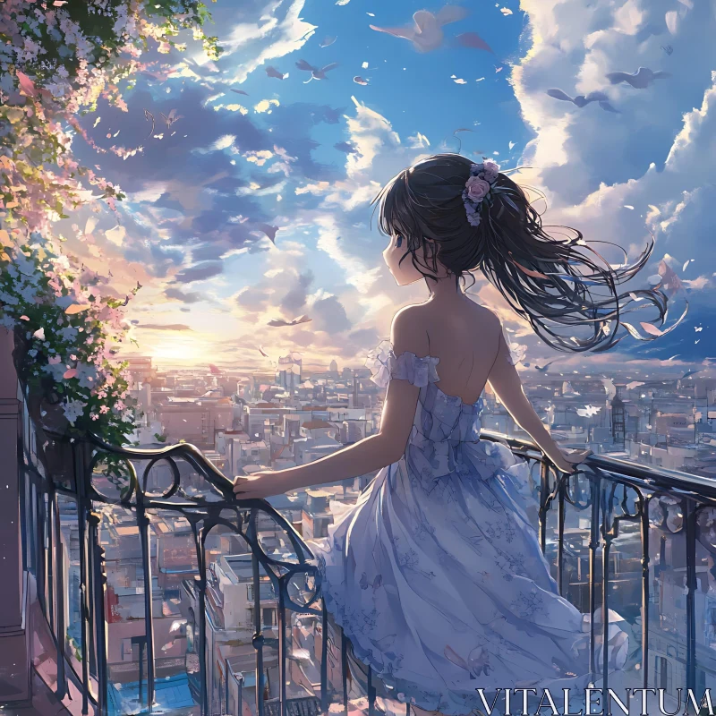 Sunset Cityscape with Anime Girl AI Image