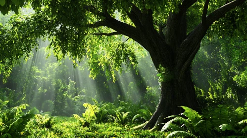 Tranquil Forest with Sunbeams and Greenery