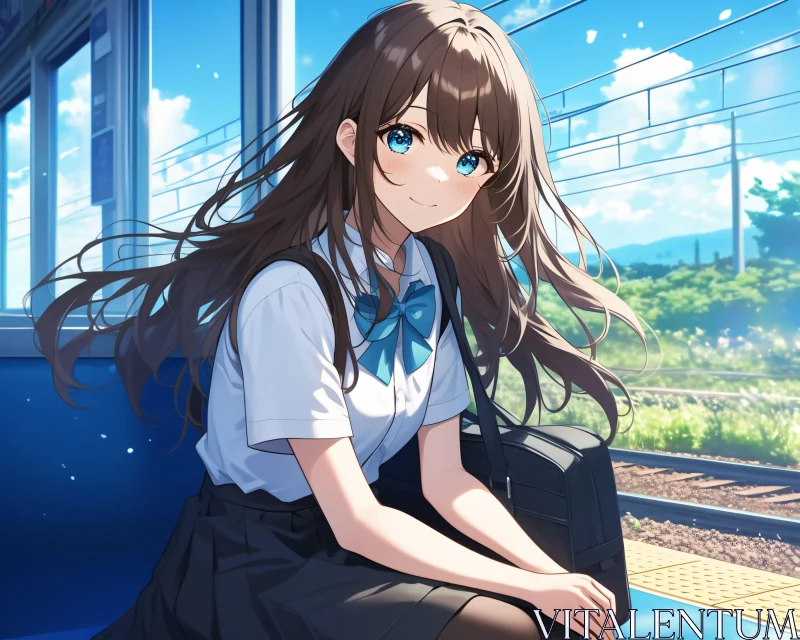 Schoolgirl at a Sunny Train Station AI Image