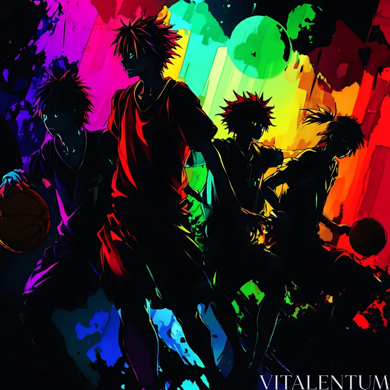 Anime Basketball Silhouettes in Rainbow Art AI Image