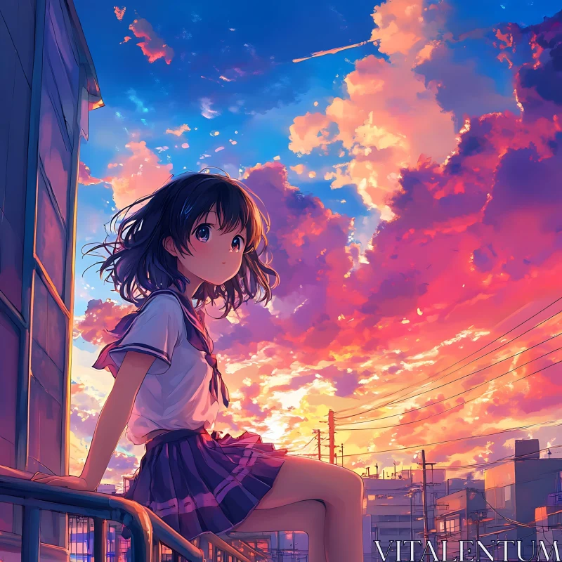 Sunset Silhouette of Anime Girl AI Image