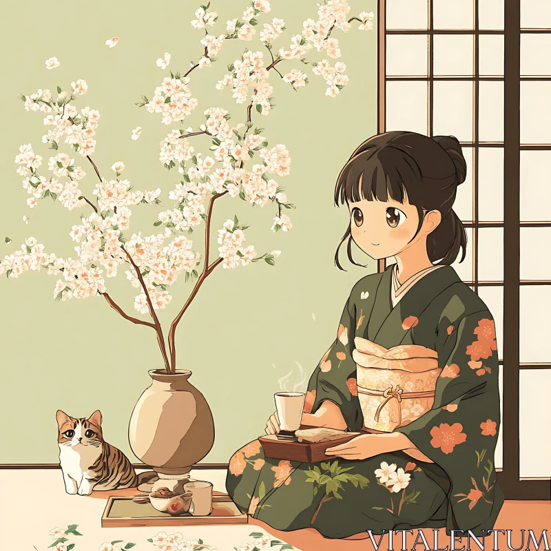 Anime Girl in Kimono Enjoying a Tea Ceremony with Cat AI Image