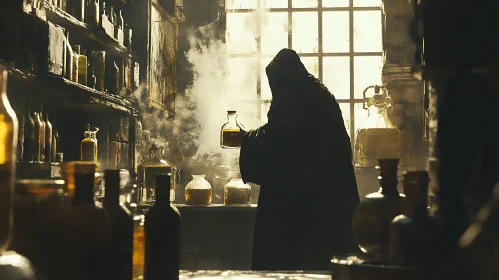 Cloaked Figure with Potion in Dark Alchemist Shop