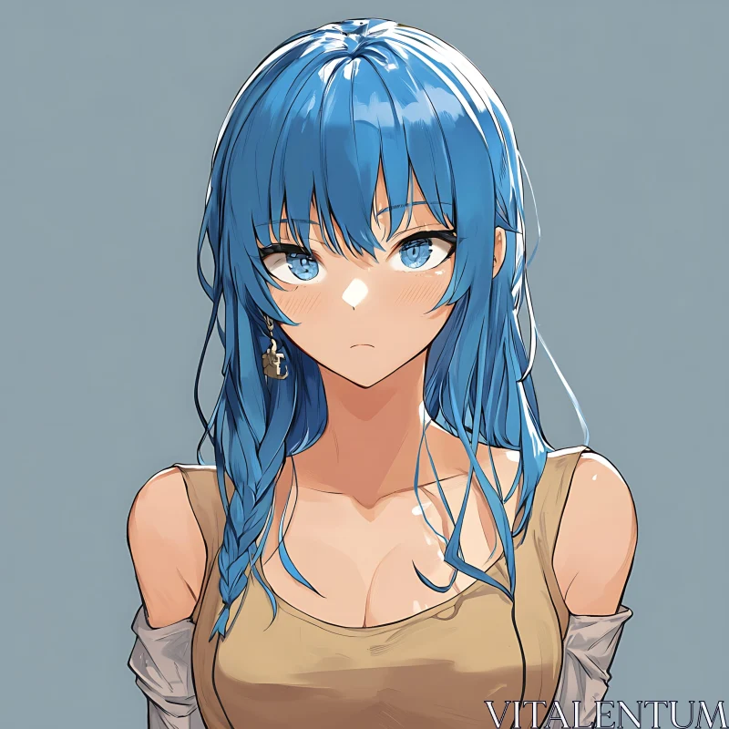 Anime Girl with Striking Blue Hair and Beige Outfit AI Image