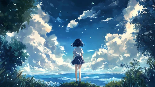 Anime Girl Facing Sky and Ocean