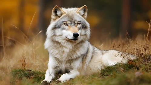 Wolf Resting in Grassy Field