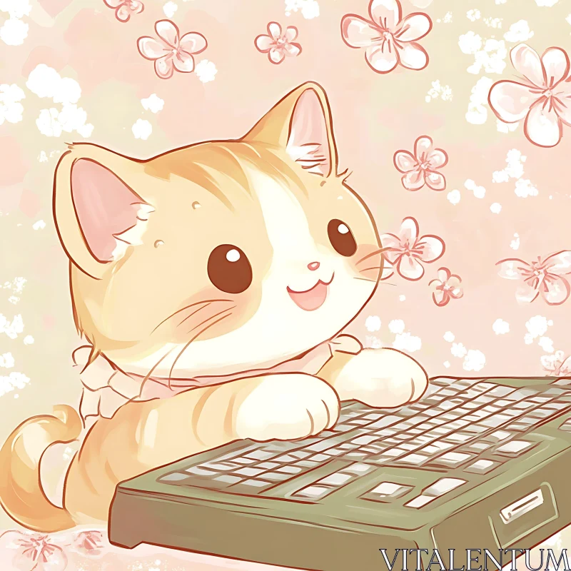 Cute Cat Illustration with Flowers and Keyboard AI Image