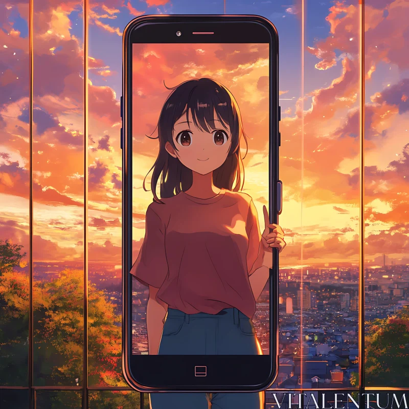 Anime Girl in Sunset through Smartphone AI Image