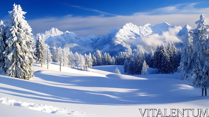 AI ART Snowy Mountain Landscape with Pine Trees