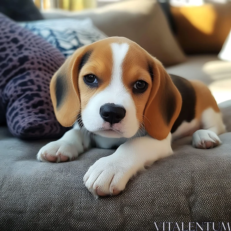 Cute Beagle Puppy on Sofa AI Image