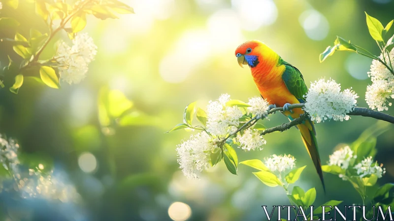 AI ART Colorful Parrot Amidst Sunlit Blossoms