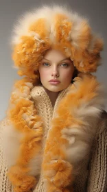 Fashion Model in Orange Fur Hood - Intricate Detail