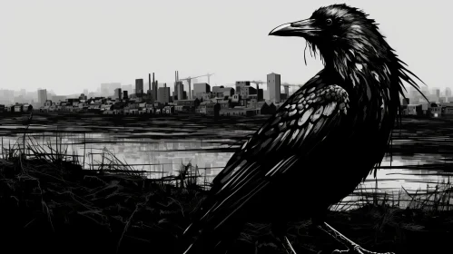 Raven Amidst Noir Cityscape: An Industrial-Style Artwork