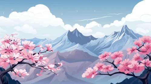 Serene Sakura Tree and Mountain Landscape - Minimalist Art