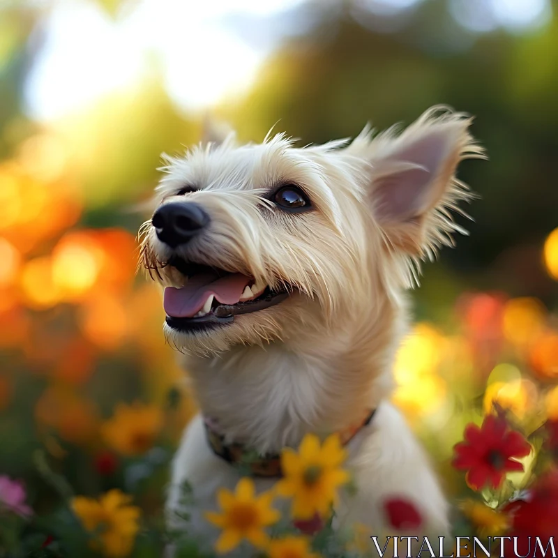 Happy Dog Among Colorful Flowers AI Image