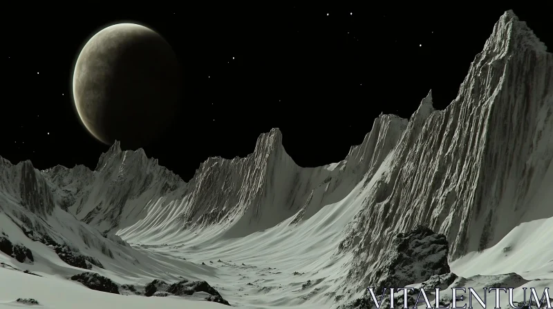 Otherworldly Vista: Mountains Under Planetary Gaze AI Image