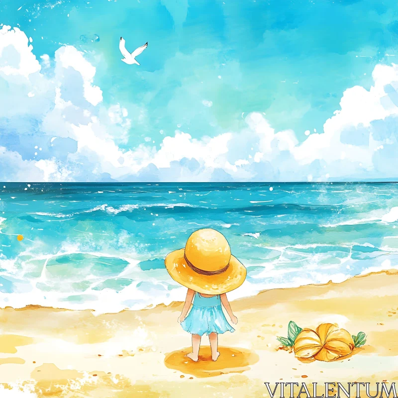 AI ART Watercolor Beach Day with Girl