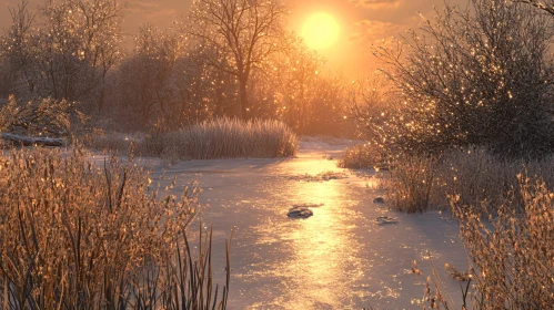 Serene Winter Sunset with Frozen Field