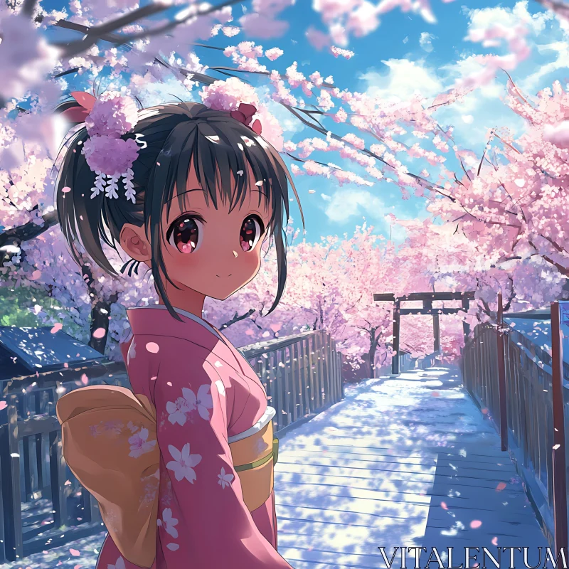 Springtime Anime Scene with Girl in Pink Kimono AI Image