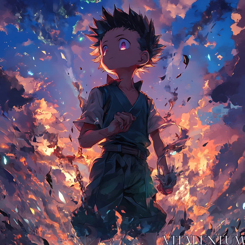 Dramatic Anime Scene with Fiery Elements AI Image