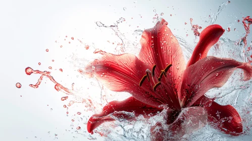 Detailed Red Lily with Splashes of Water