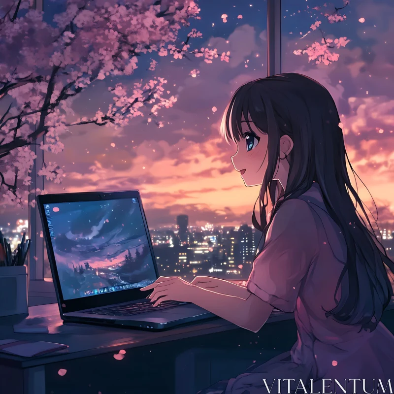 Evening Cityscape View with Cherry Blossoms AI Image