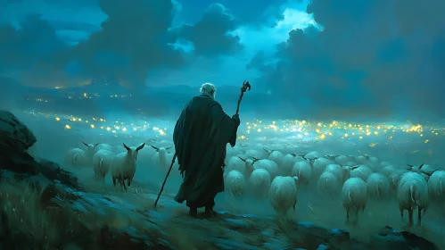 Shepherd and Sheep in the Night