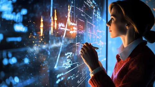 Woman Scientist Working on Futuristic Equations