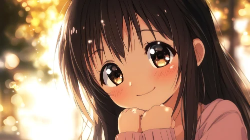 Cute Anime Girl Illustration with a Golden Bokeh Background