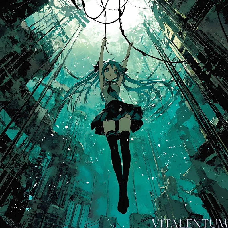 Lonely Anime Girl Hanging in Ruins AI Image