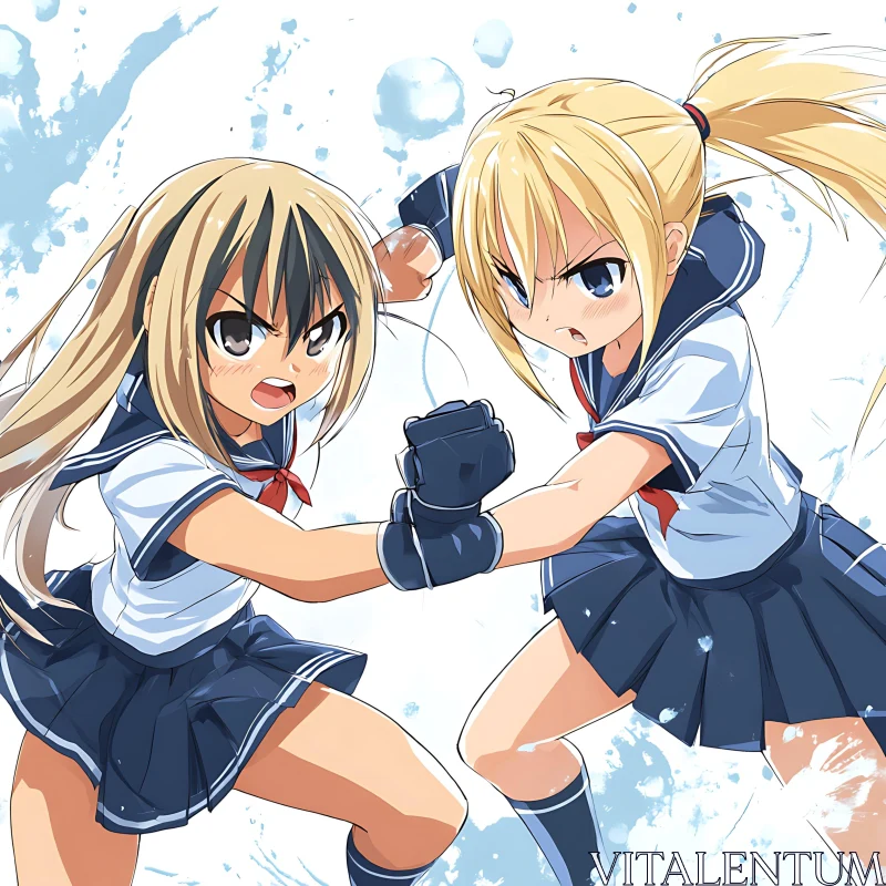 Intense Duel Between Anime Schoolgirls AI Image