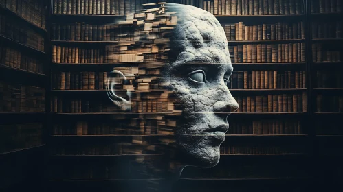 Stone Head Merged with Bookshelf