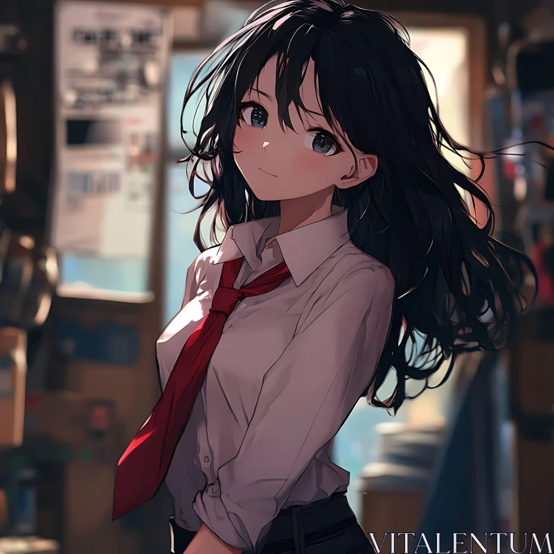 Shy Anime Girl in School Uniform AI Image