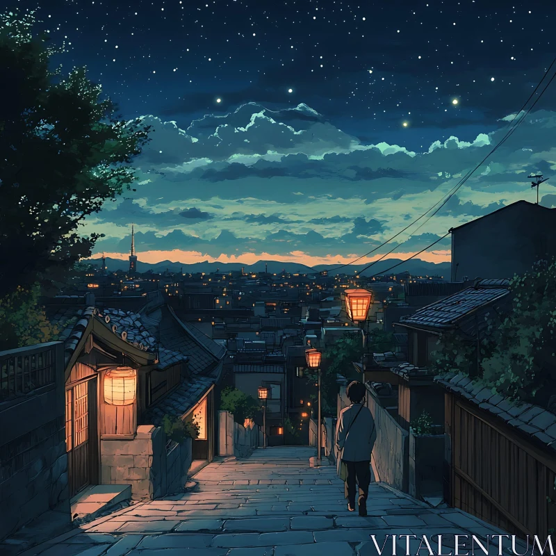 Serene Night Street with Lantern Lights in Animation AI Image