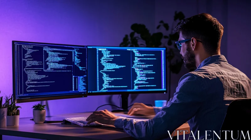 Developer Immersed in Code: Nighttime Programming AI Image
