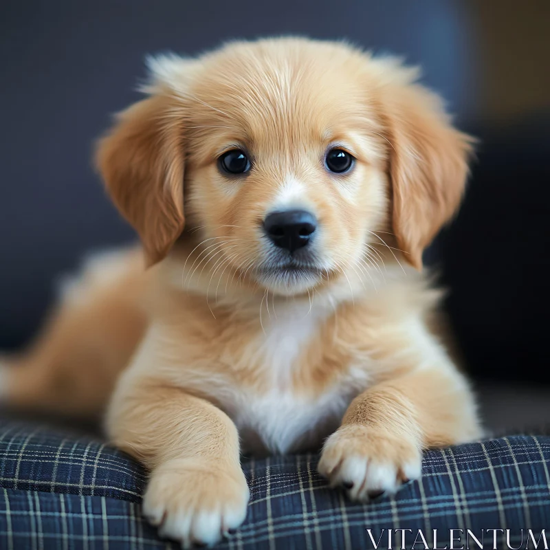 Cute Puppy Resting on Plaid Cushion AI Image