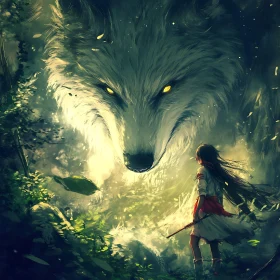 Girl and Wolf in Forest