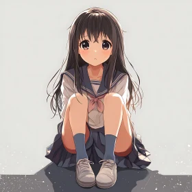 Thoughtful Anime Schoolgirl Sitting