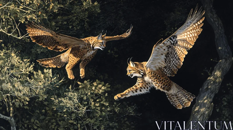 Soaring Winged Lynx in Forest Scene AI Image