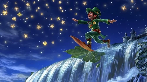 Elf Riding Leaf Over Waterfall at Night