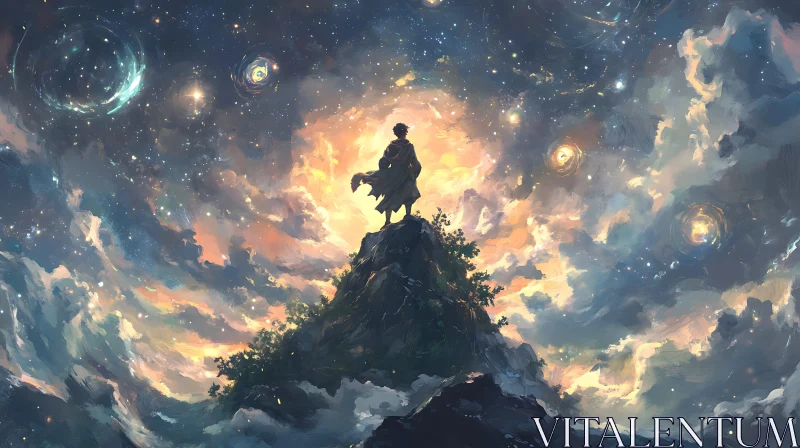 Figure on Mountain Under Cosmic Sky AI Image