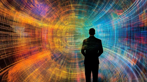 Man in Suit Before Colorful Abstract Tunnel