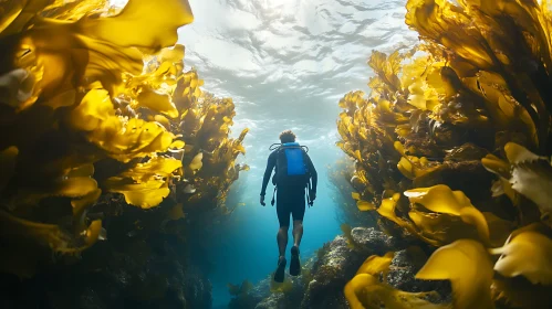 Underwater Diver Among Seaweed