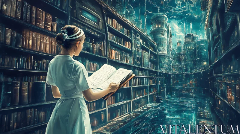 Woman Reading in Futuristic Library AI Image